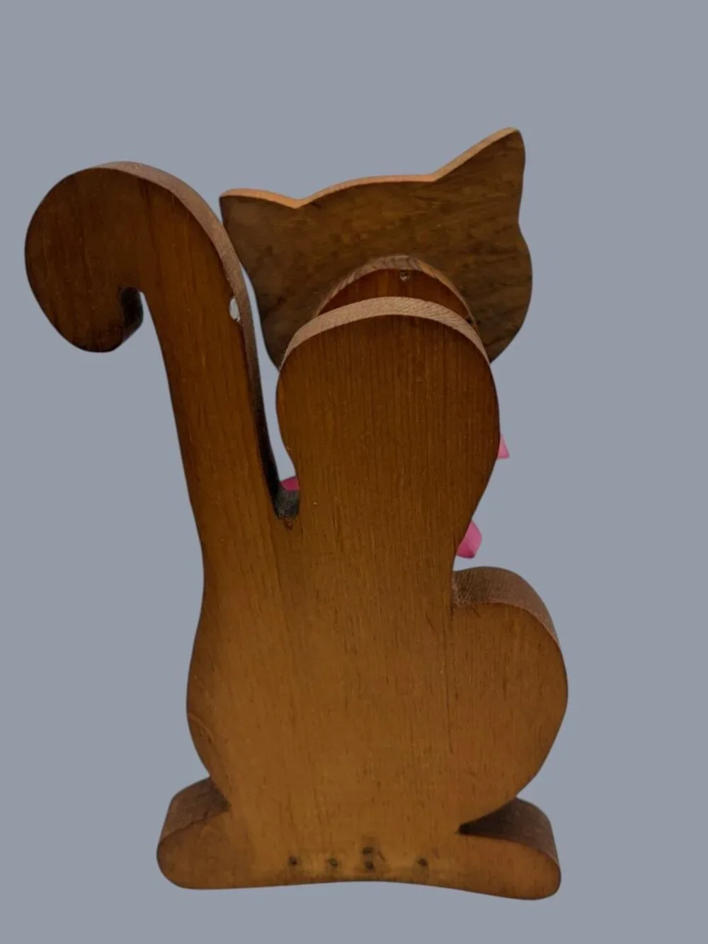 Vintage Hand Carved Wooden Cat Napkin Holder w/ Pink Ribbon Floral Accent